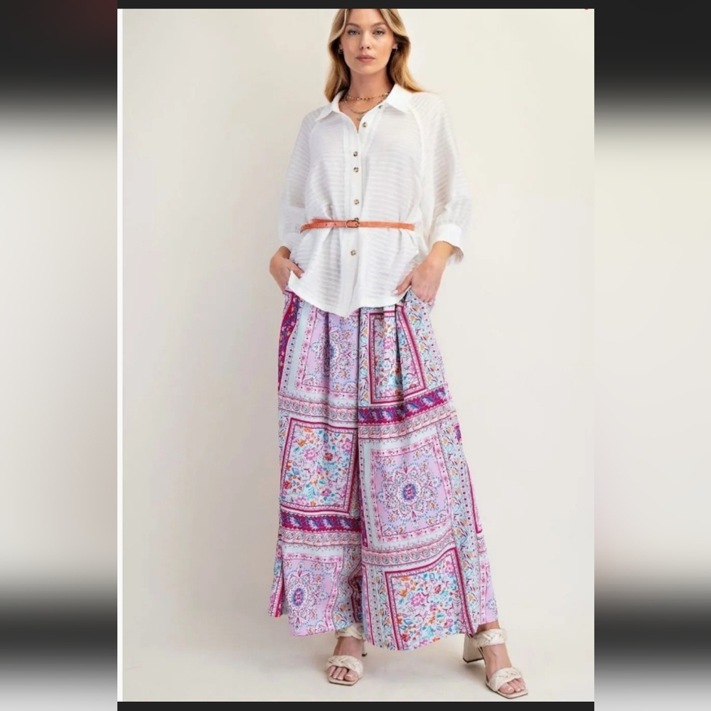 easel White Button-Up Top with Pink & Purple Printed Wide-Leg Pants